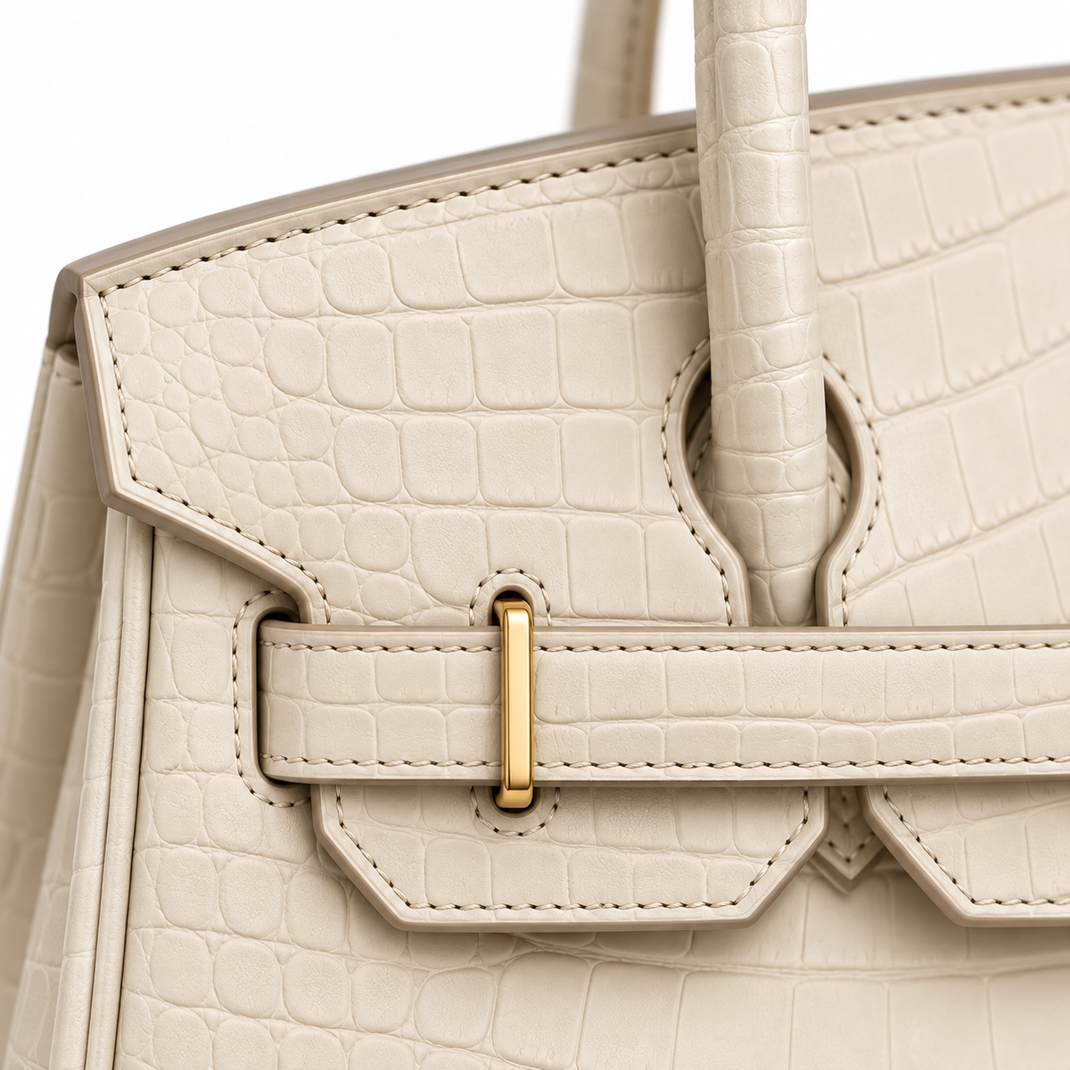 Close-up of tonal stitching, the rolled handle attachment and ivory crocodile texture.