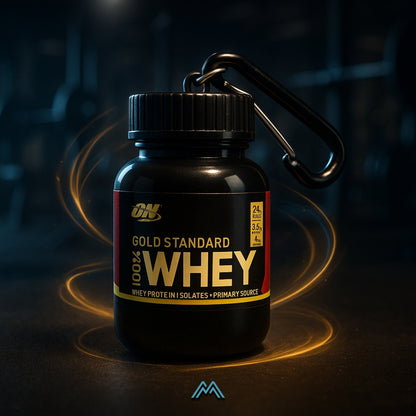 Optimum Nutrition Gold Standard 100% Whey protein powder container with carabiner on a dark background