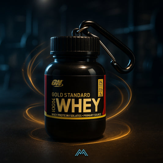 Optimum Nutrition Gold Standard 100% Whey protein powder container with carabiner on a dark background