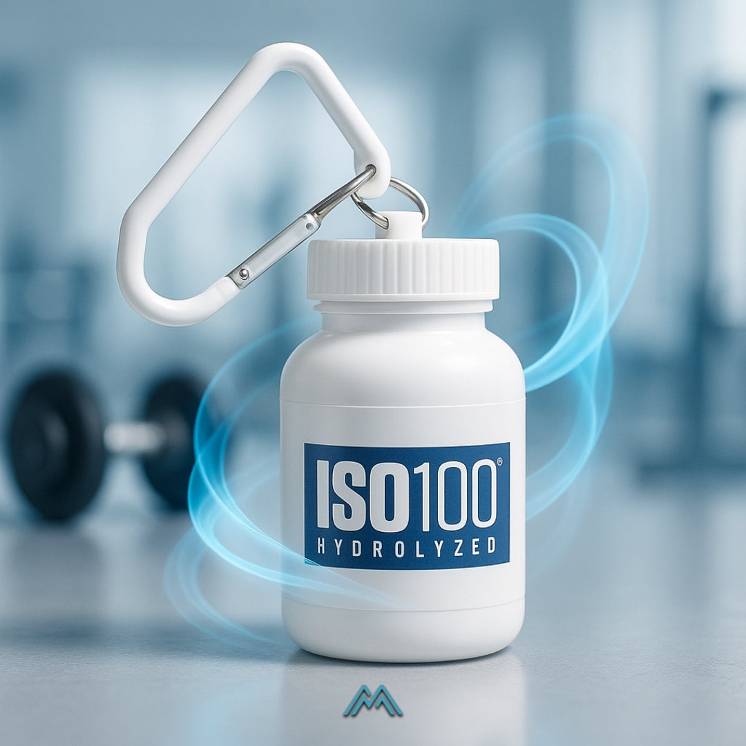 White container with ISO100 Hydrolyzed label on a blurred gym background