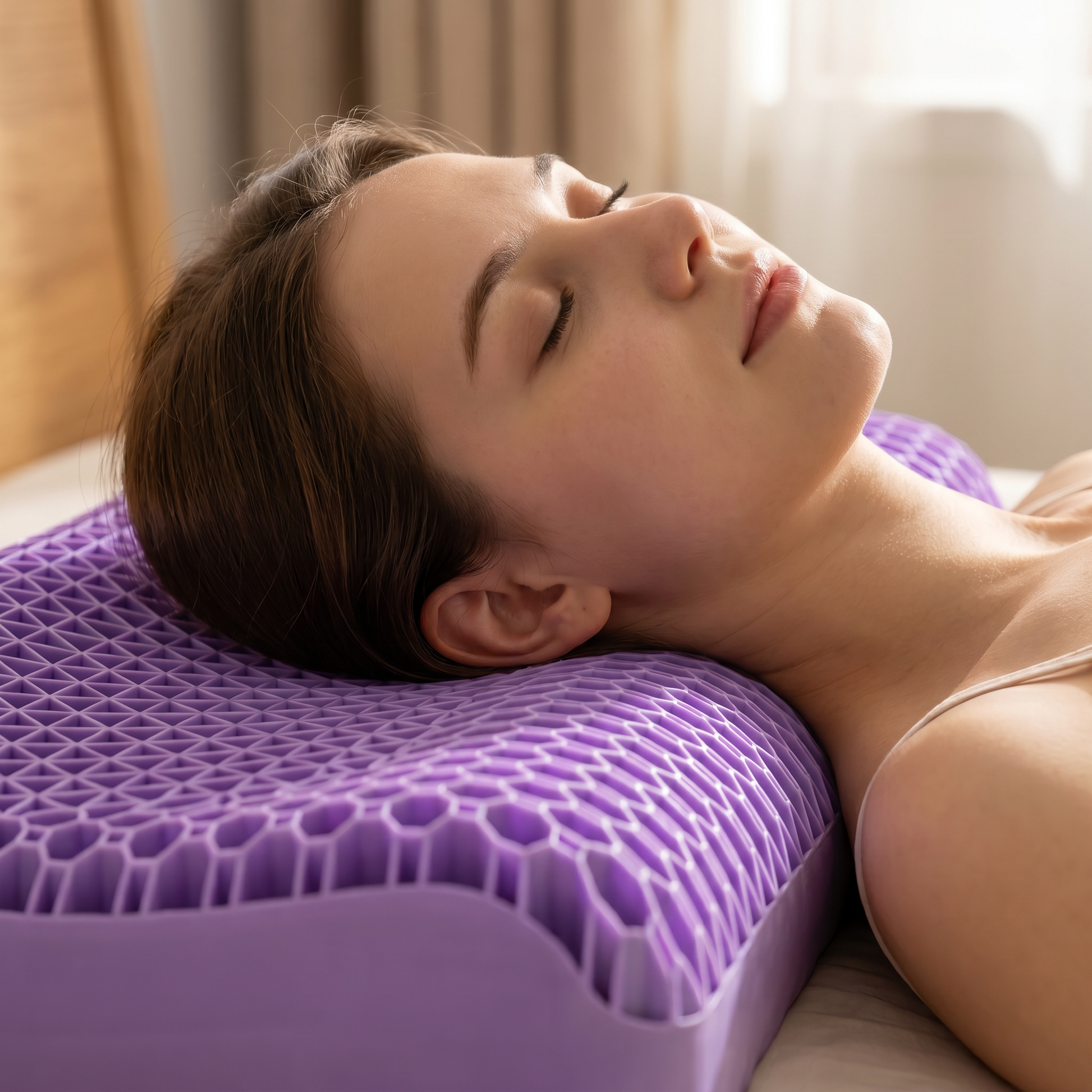 Side sleeper resting on Mixio TPE pillow for neck pain relief