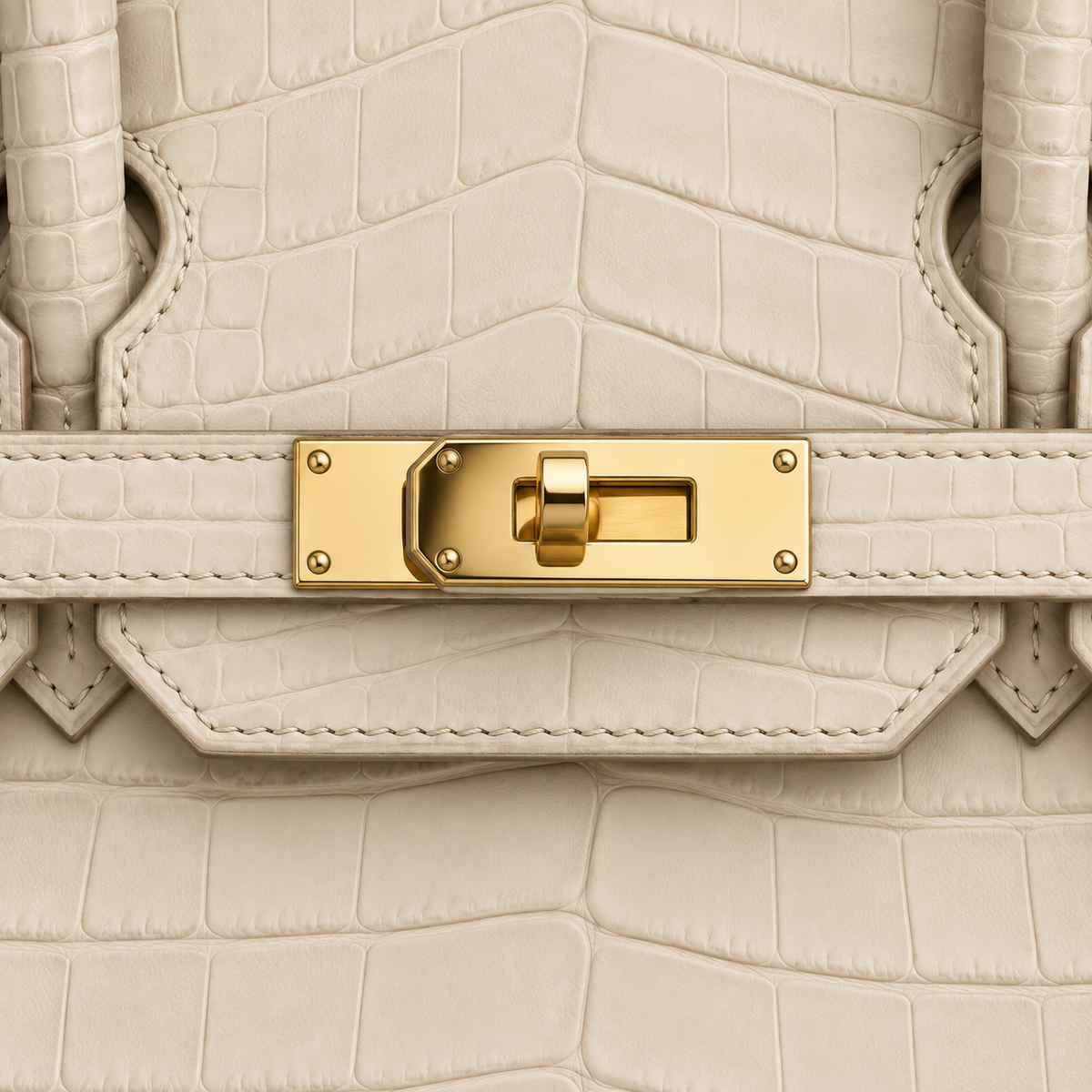 Close-up of the gold-tone clasp and ivory crocodile texture.