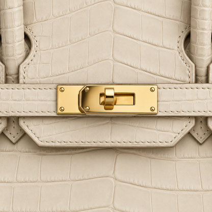 Close-up of the gold-tone clasp and ivory crocodile texture.
