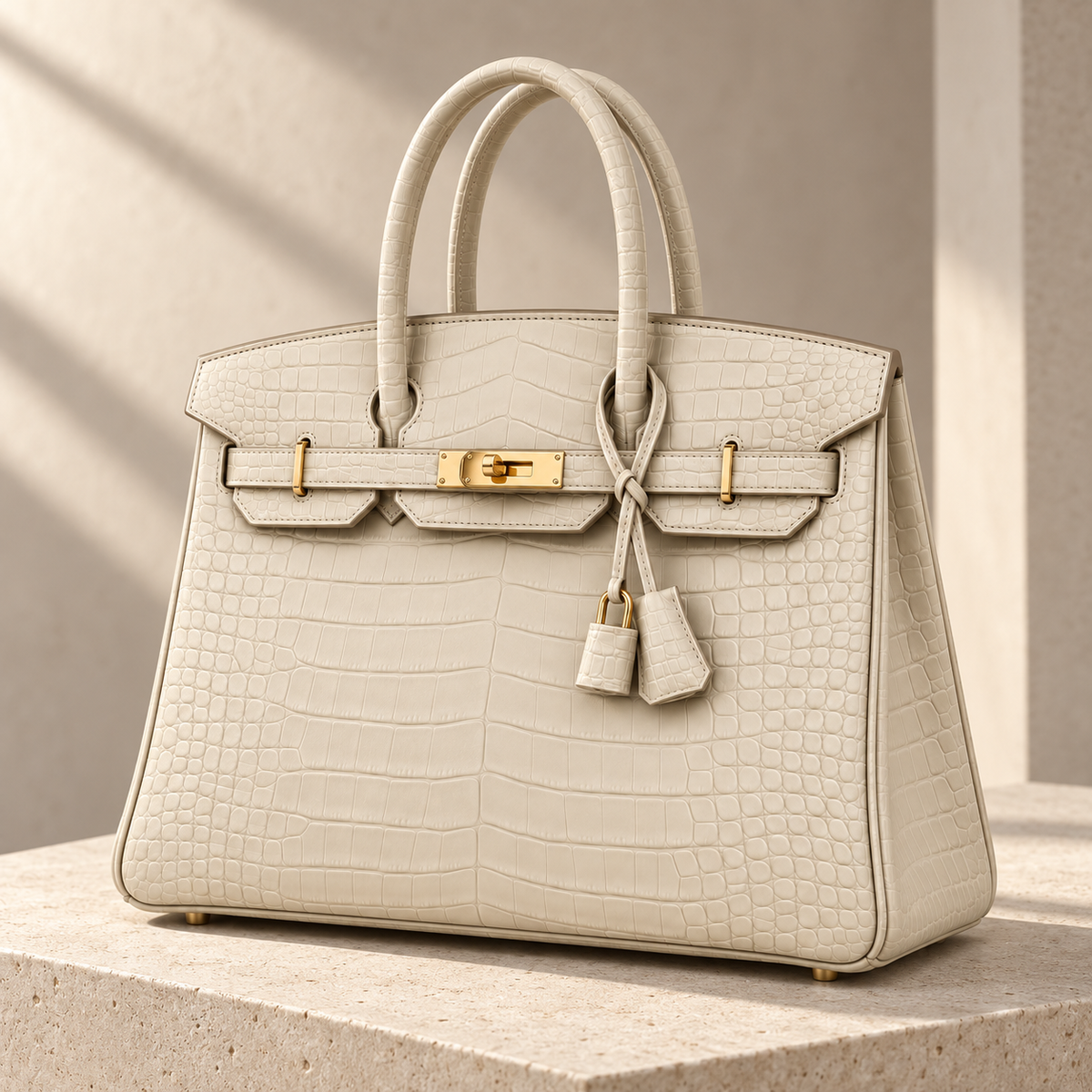 MIXIO ÉCRU ivory top-handle bag on a stone plinth.